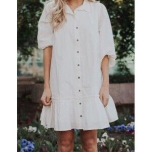 Anthropologie Size Large White Button-up Shirt Dress Ruffle Hem Tunic Casual